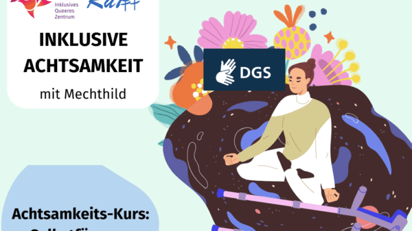 Auf dem Flyer des IQZ ist im Mittelpunkt eine weiße Person, die im Schneidersitz mit geschlossenen Augen meditiert. Sie trägt ihr braunes langes Haar in einem Dutt am Hinterkopf. Um die Person herum ist eine Weltall-Blase mit Sternen und Planeten. In reichweite zur Person liegen zwei pink-lila Krücken am Boden. Über der Weltallblase am Kopf der Person wachsen große verschiedenartige Blumen in den Farben rosa, gelb und orange.