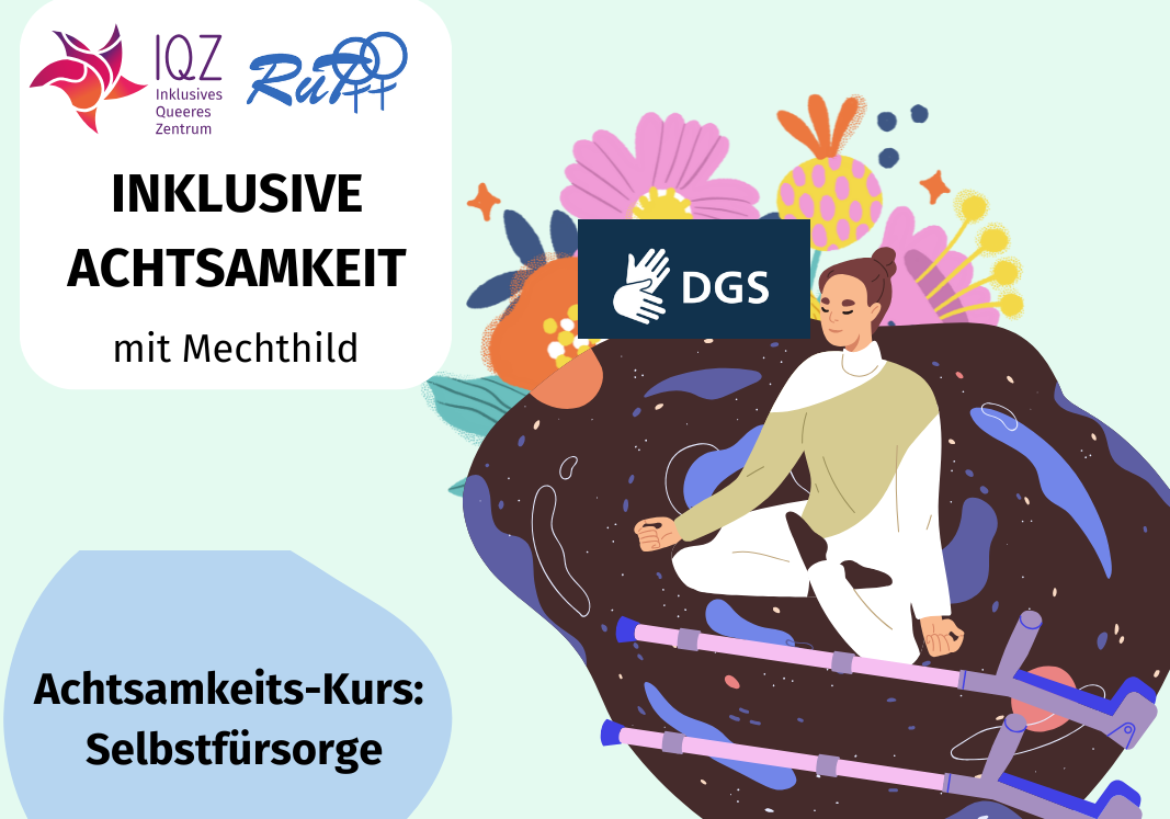 Auf dem Flyer des IQZ ist im Mittelpunkt eine weiße Person, die im Schneidersitz mit geschlossenen Augen meditiert. Sie trägt ihr braunes langes Haar in einem Dutt am Hinterkopf. Um die Person herum ist eine Weltall-Blase mit Sternen und Planeten. In reichweite zur Person liegen zwei pink-lila Krücken am Boden. Über der Weltallblase am Kopf der Person wachsen große verschiedenartige Blumen in den Farben rosa, gelb und orange.