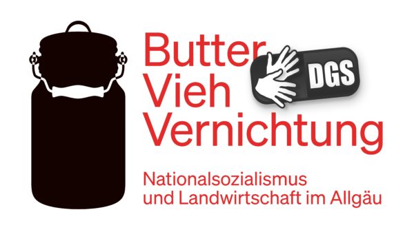 eine schwarze Milchkanne mit dem Tittel "Butter, Vieh, Vernichtung" mit dem Piktogramm der gebärdenden Hände