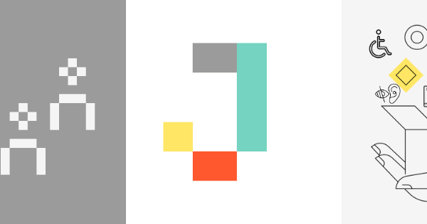 Logo vom Veranstalter jugend@bw: ein J aus ixeln in der Mitte, links drei pixelige Menschen in weiß auf grau und rechts Hände, die eine Kiste halten, aus der Barrierefreiheits-Icons herausschweben