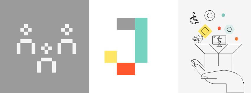 Logo vom Veranstalter jugend@bw: ein J aus ixeln in der Mitte, links drei pixelige Menschen in weiß auf grau und rechts Hände, die eine Kiste halten, aus der Barrierefreiheits-Icons herausschweben