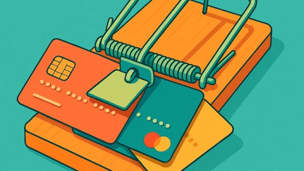 ki generiert mit CoPilot - Illustration einer Mause-Falle, in der EC- und Kreditkarten eingeklemmt sind