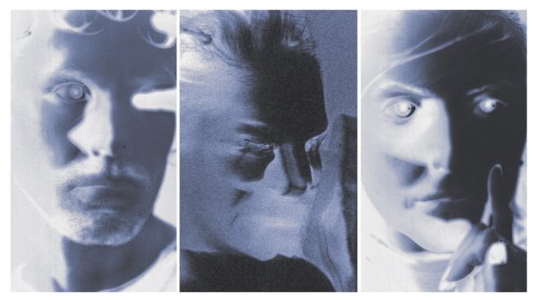 Drei nebeneinander angeordnete Porträtaufnahmen in kühlem Blauton. Das mittlere Bild zeigt eine Person mit nachdenklicher Mimik, die Hand an die Stirn gelegt. Das rechte Bild zeigt eine Person mit weit geöffneten Augen und einem Finger vor dem Mund, als ob sie um Stille bittet. Das linke Bild ist teilweise durch einen grauen Verlauf verdeckt und zeigt nur einen unscharfen Ausschnitt einer Person.