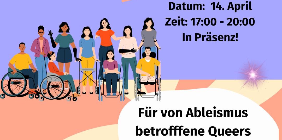 Der Bildhintergrund ist violett gehalten, der wie ein Himmel wirkt, das untere Drittel ist orange gehalten und wirkt wie ein Fußboden, auf dem eine Gruppe Menschen steht. Zu sehen sind zehn unterschiedliche Menschen. Alle der abgebildeten Personen haben eine sichtbare Behinderung und / oder nutzen ein Hilfsmittel (Rollstuhl, Rollator, Krücken, Blindenlangstock, Armprothese). Die Menschen in der Gruppe sind bunt gekleidet, tragen unterschiedliche Frisuren und haben unterschiedliche Hautfarben. In der Mitte des Bildes ist ein Kasten. Über diesem steht: „Zu Gast:“. Im Kasten steht: „Elsa und Lorenzo der Fachstelle LSBTI*, Alter(n) undPflege“. Rund um den Kasten sind ein Stern mit einem zufrieden lächelnden Gesichtsausdruck und ein Partyfeier-Smiley platziert. Die Gesamtstimmung des Bildes ist ausgelassen, vorfreudig und entspannt.