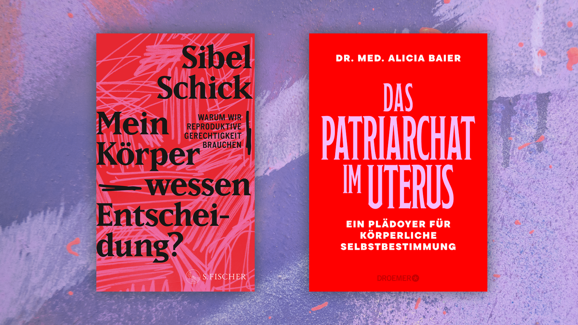 Die zwei Buchcover von "Mein Körper - wessen Entscheidung" von Sibel Schick und "Das Patriarchat im Uterus" von Alicia Baier