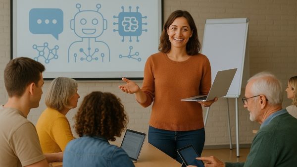Dozentin steht mit Laptop vor einer Tafel auf der KI-Symbole sind, vor ihr Erwachsene unterschiedlichen Alters, Genders und Herkunft