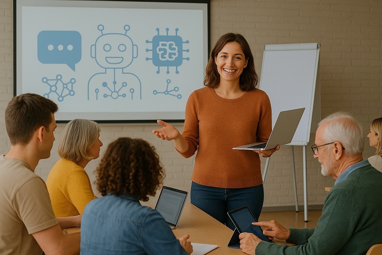 Dozentin steht mit Laptop vor einer Tafel auf der KI-Symbole sind, vor ihr Erwachsene unterschiedlichen Alters, Genders und Herkunft