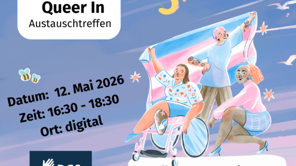 Auf dem Bild sind drei Menschen zu sehen: eine Person steht, eine hockt und eine dritte Person sitzt im Rollstuhl. Alle tragen Klamotten in den Farben der Trans-Flagge: hellblau, rosa und weiß. Die stehende und die im Rollstuhl sitzende Person halten zusätzlich eine Trans-Flagge hoch. Über der Flagge steht in großen Buchstaben "Spring". Das ist Englisch und bedeutet Frühling. Überall auf dem restlichen Bild sind Blumen, Bienen und Sterne vor einem blau-violetten Himmel zu sehen.
