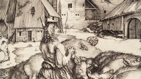 Auf der Abbildung ist ein Bildausschnitt einer Grfaik von Dürer zu sehen. Ein Mann steht auf einem Bauernhof. Im Hintergrund sind Häuser zu erkennen. Vor ihm ist ein großer Heuhaufen und eine Gruppe von Schweinen. Links am Bildrand ist das Hinterteil einer Kuh zu erkennen.