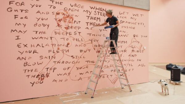 Eine junge, blonde Frau steht auf einer Leiter und beschreibt eine rosa-gestrichene Wand mit einem Text.