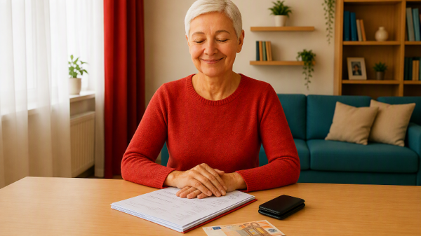 zufriedene Dame vor Papierkram und Geldbörse, Kreditkarte, etc.