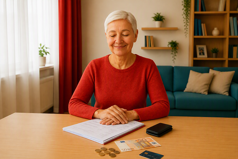 zufriedene Dame vor Papierkram und Geldbörse, Kreditkarte, etc.